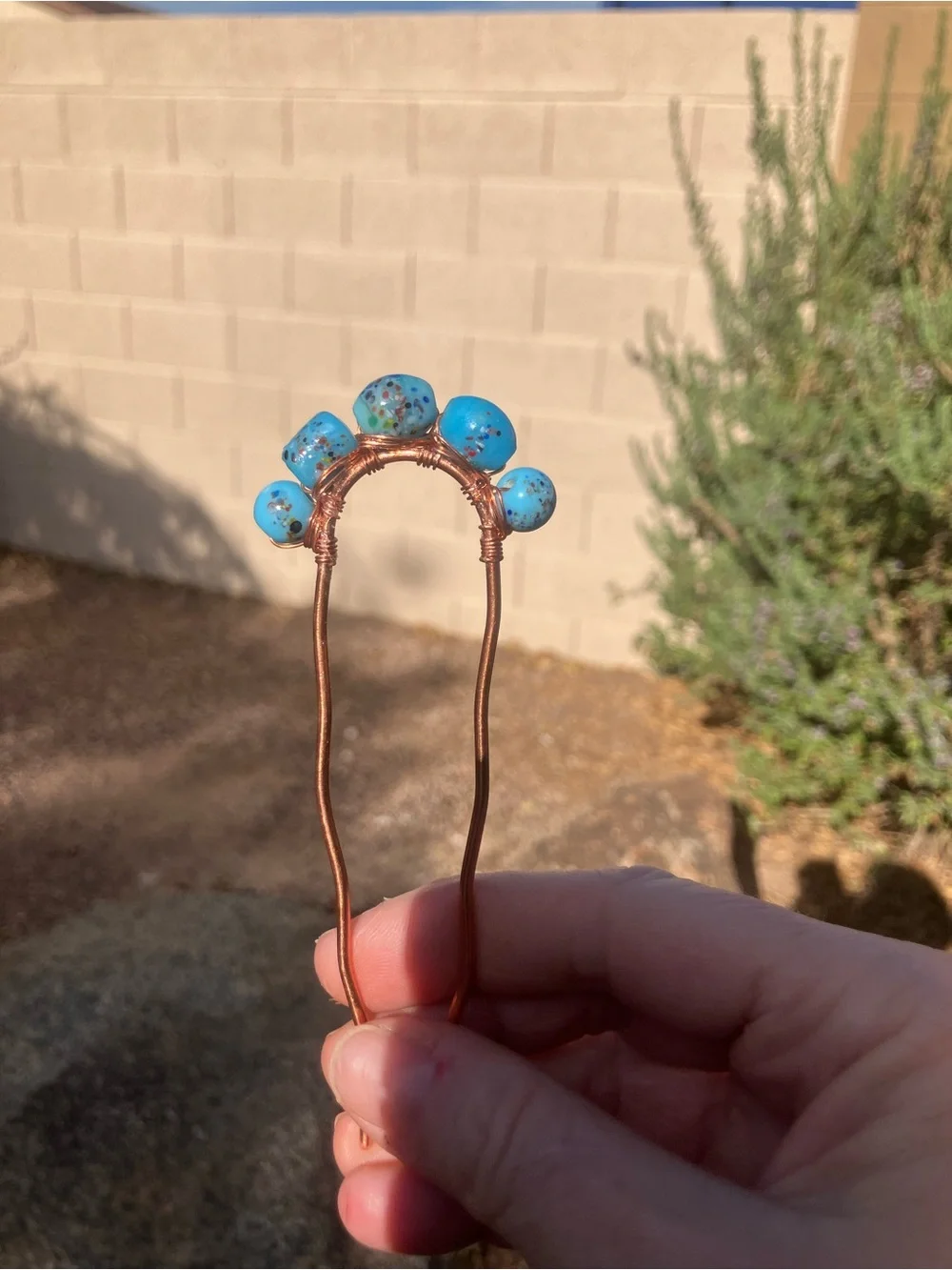 Teal Milliflori Beaded Hair fork Hammered Copper